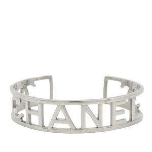 Chanel Silver Plated Cutout Logo Cuff Bracelet
